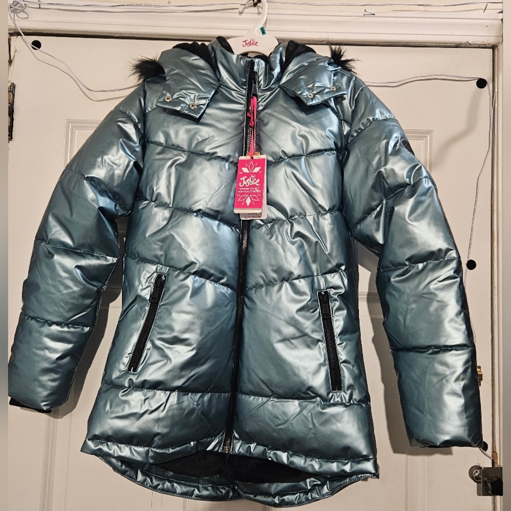New Unworn Justice Metallic Blue Girls Puffer Jacket Size L/G 12/14